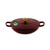 Red casserole dish with lid, gold handle and PFAS free label, shown from above.