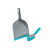 Grey dustpan and turquoise-handled brush cleaning set, shown on white background