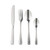 Set of four silver stainless steel cutlery pieces: knife, fork, tablespoon, teaspoon.