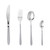 Four-piece silver cutlery set with knife, fork, tablespoon and teaspoon, shown on white background