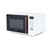 White microwave with wood-effect handle, digital controls, shown angled