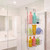 Chrome over-door shower caddy with three baskets holding toiletries