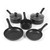 Set of five black non-stick saucepans and frying pans with glass lids, shown on white background