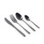 Set of four black matte stainless steel cutlery: knife, fork, tablespoon, teaspoon.