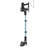 Corded blue stick vacuum cleaner, upright view with floor head attached