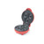 Red electric donut maker with four baking moulds, open on white background