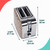 Two-slice stainless steel toaster with beige leopard print sides and dimensions shown
