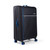 Large black soft-shell suitcase with blue accents and four wheels, angled front view