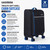 Black and blue soft shell cabin suitcase with four spinner wheels