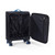 Black cabin suitcase with blue wheels shown open to display spacious interior and zip pocket