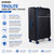 Black large soft shell suitcase with blue trim and eight wheels
