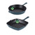 Set of two teal cast iron frying pans, round and square, both PFAS free.