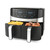 Dual basket black air fryer with fries and chicken wings in baskets, touchscreen display