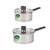 Two stainless steel saucepans with glass lids and black handles