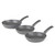 Set of 3 grey speckled frying pans with black handles
