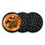 Set of three black perforated pizza trays, one shown with cooked pizza
