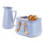 Pastel blue kettle and 2-slice toaster set with wood-effect controls