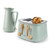Mint green kettle and 2-slice toaster set with wood-effect controls