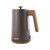Brown cordless kettle with wood-effect handle and water level window