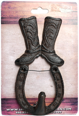 Metal horseshoe with Cowboy Boots Wall Hook, Texas-themed decor.