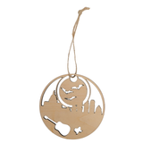 Back view of Austin Texas wooden round ornament showing natural wood finish and cutout skyline, bats and guitar, with twine hanger on white background.