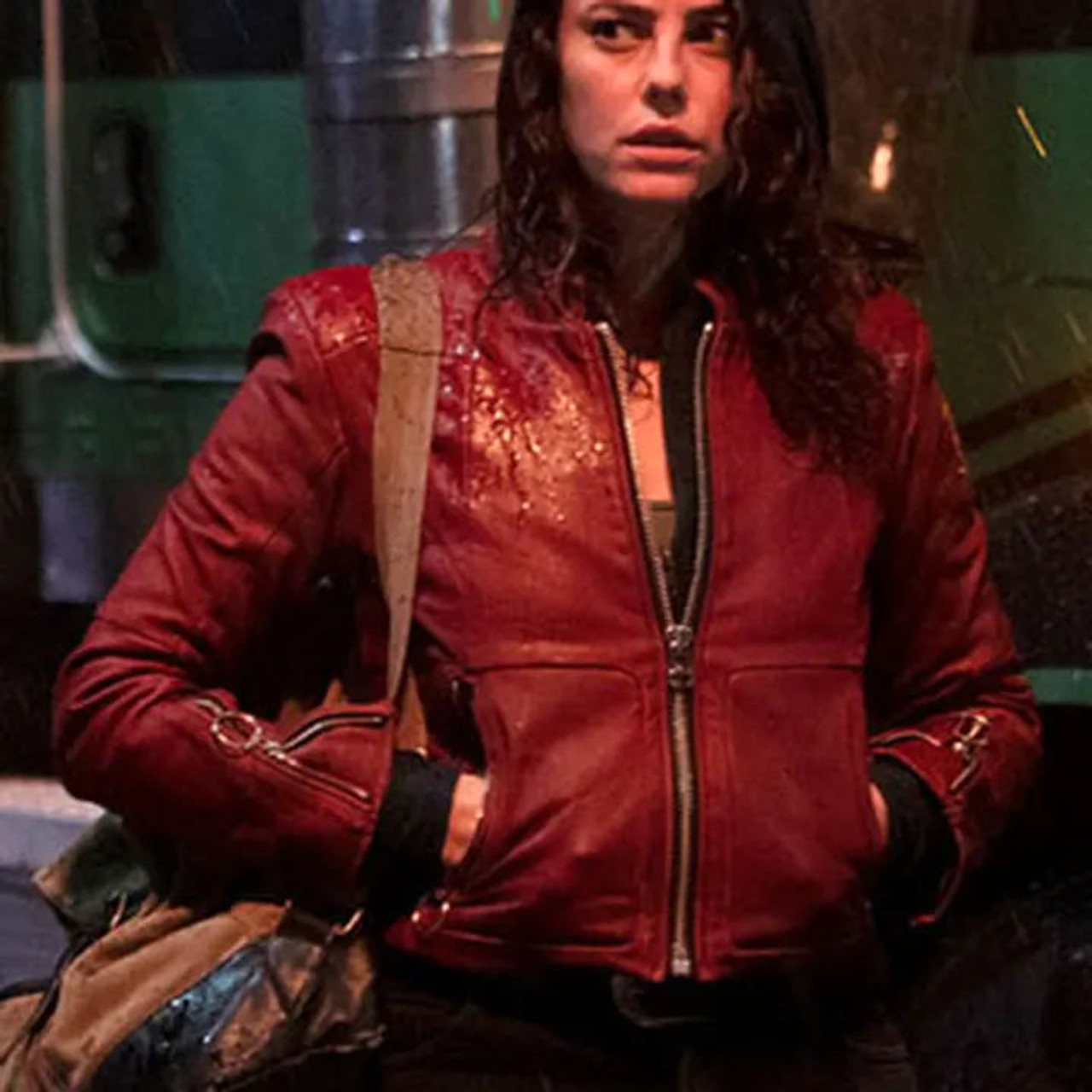 Kaya Scodelario Resident Evil Claire Redfield Red Leather Jacket