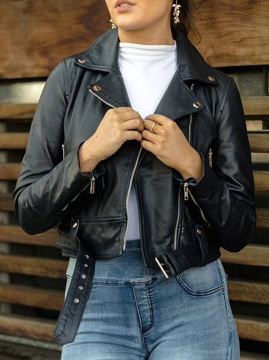 Ella Belted Black Women's Leather Jacket - Enfinity Apparel