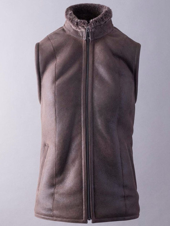 Grange Classic Fur Women's Sheepskin Aviator Gilet Leather Vest In Chocolate Brown - Enfinity Apparel