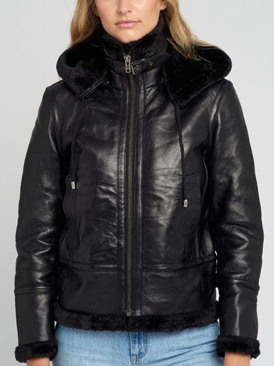 Delia Black Detachable Black Fur Women's Shearling Biker Leather Jacket - Enfinity Apparel