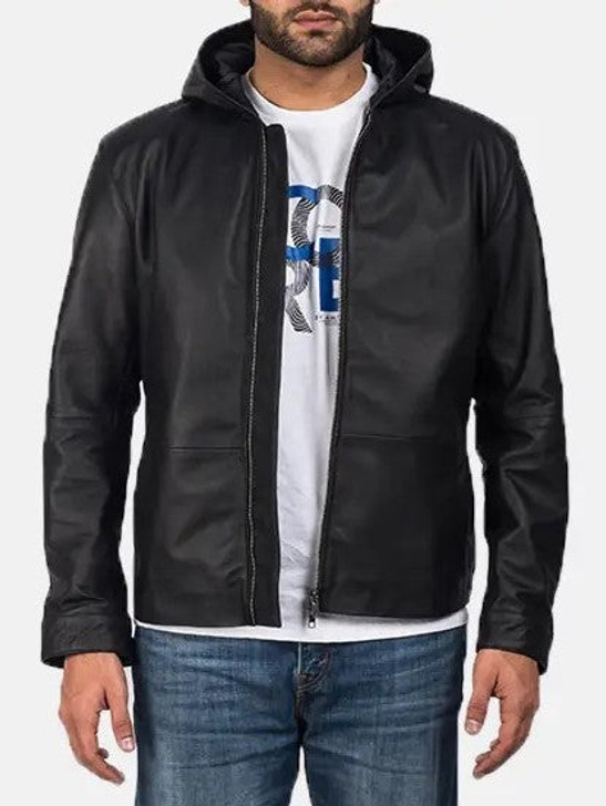 Andy Matte Black Men's Hooded Leather Jacket - Enfinity Apparel