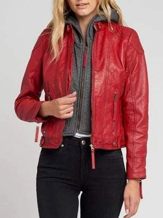 Indiana Red Women's Hooded Leather Jacket - Enfinity Apparel