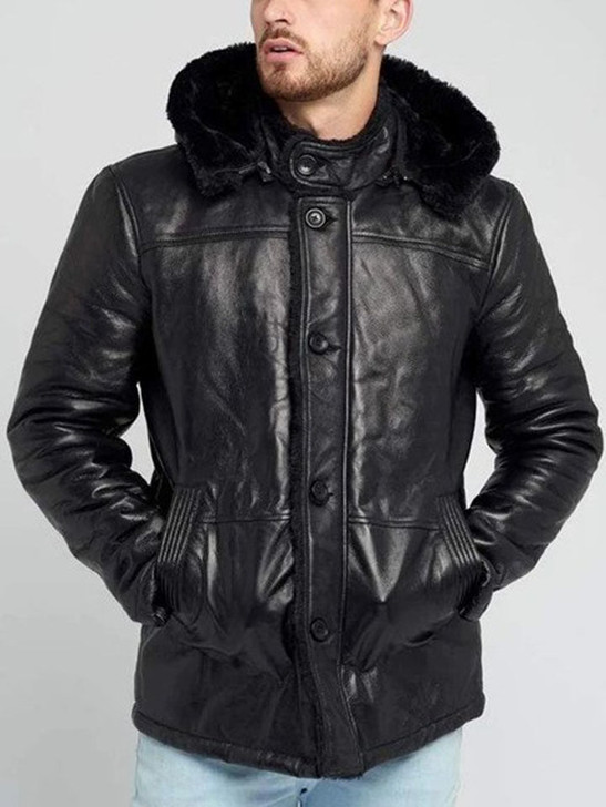 Black Detachable Hood Men's Shearling Fur Leather Coat - Enfinity Apparel