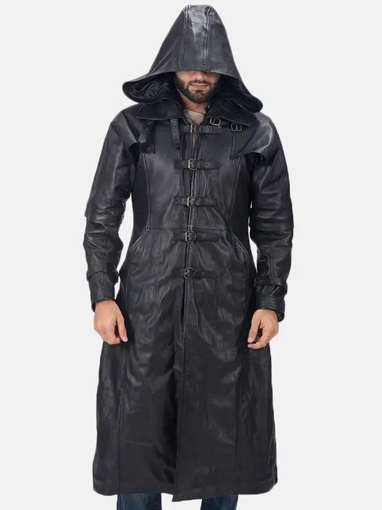 Huntsman Black Men's Hooded Leather Trench Coat - Enfinity Apparel