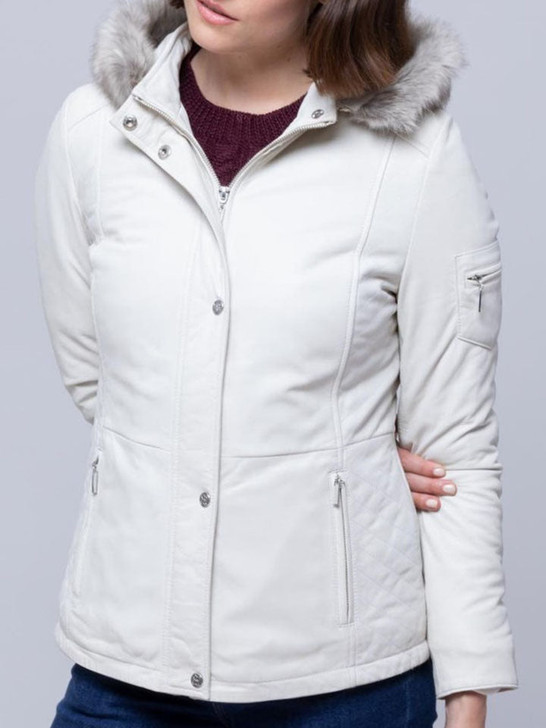 Armathwaite Women's Fur Leather Coat In White - Enfinity Apparel
