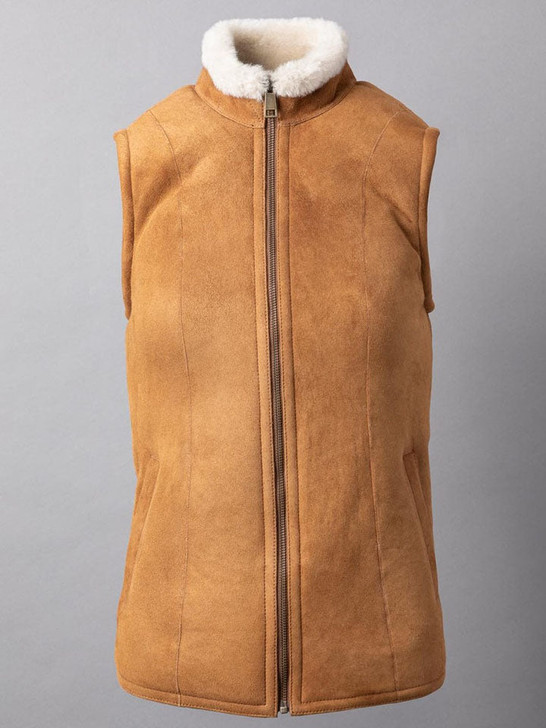 Grange Classic Fur Women's Sheepskin Aviator Gilet Leather Vest In Tan - Enfinity Apparel