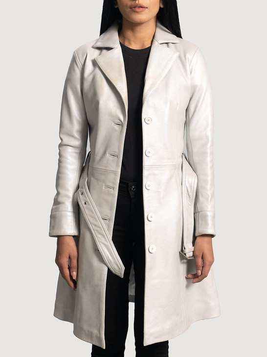 Moonlight Silver Women's Leather Trench Coat - Enfinity Apparel