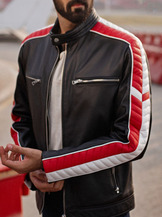 Cafe Racer Red And White Men's Biker Leather Jacket - Enfinity Apparel