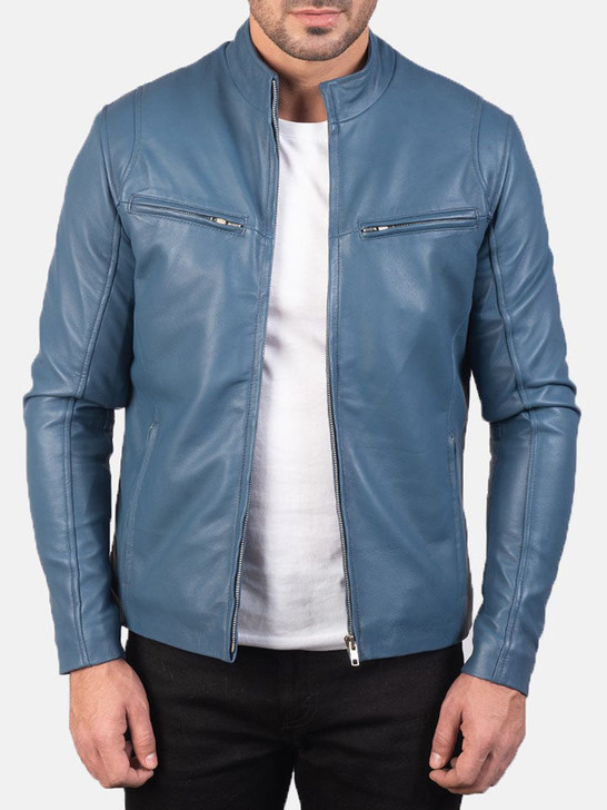 Ionic Blue Men's Leather Biker Jacket - Enfinity Apparel