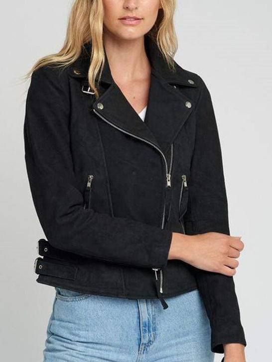 Lapel Collared Black Women's Suede Leather Jacket - Enfinity Apparel