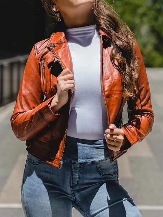 Kiraz Tanned Brown Women's Biker Leather Jacket - Enfinity Apparel