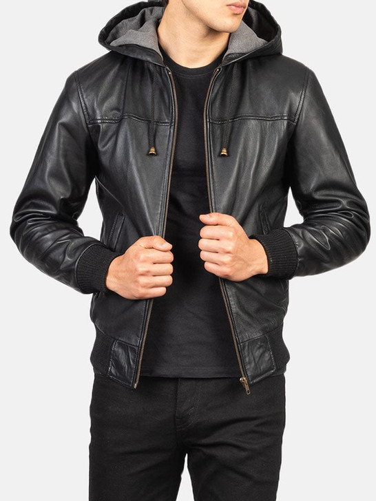 Nintenzo Black Men's Hooded Leather Bomber Jacket - Enfinity Apparel