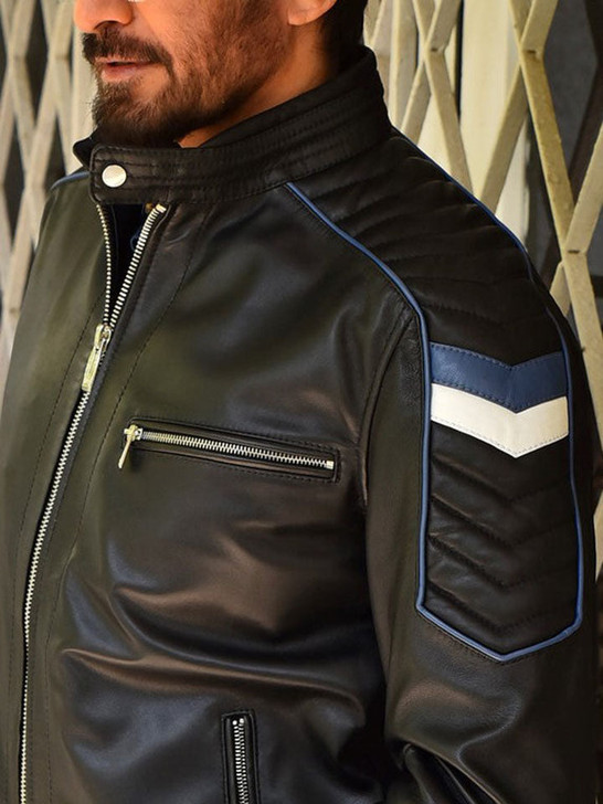 Black With Blue Cafe Racer Men's Biker Leather Jacket - Enfinity Apparel