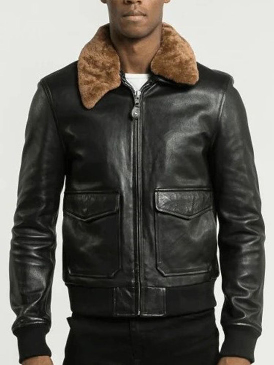 Saul Detachable Collared Black Men's Fur Leather Aviator Jacket - Enfinity Apparel