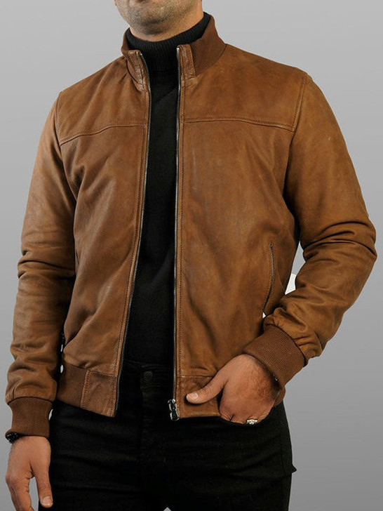 Light Brown Bomber Men's Suede Leather Jacket - Enfinity Apparel