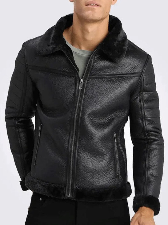 Cory Black Black Men's Sheepskin Fur Leather Aviator Jacket - Enfinity Apparel