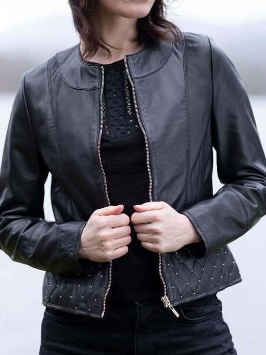 Motherby Collarless Women's Leather Jacket In Black - Enfinity Apparel