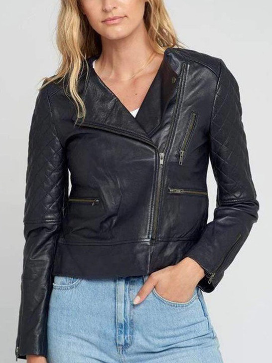 Jona Classic Navy Blue Women's Quilted Leather Jacket - Enfinity Apparel