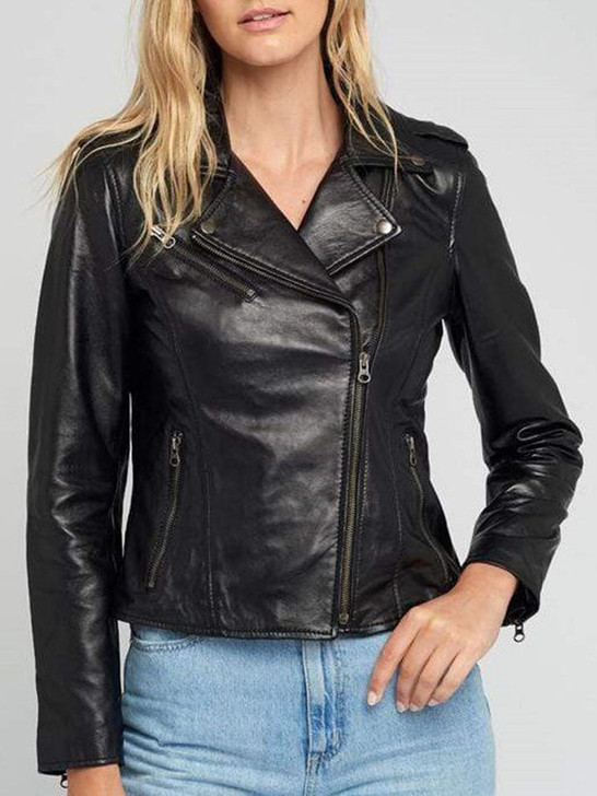 Asymmetrical Notch Collar Black Women's Leather Jacket - Enfinity Apparel