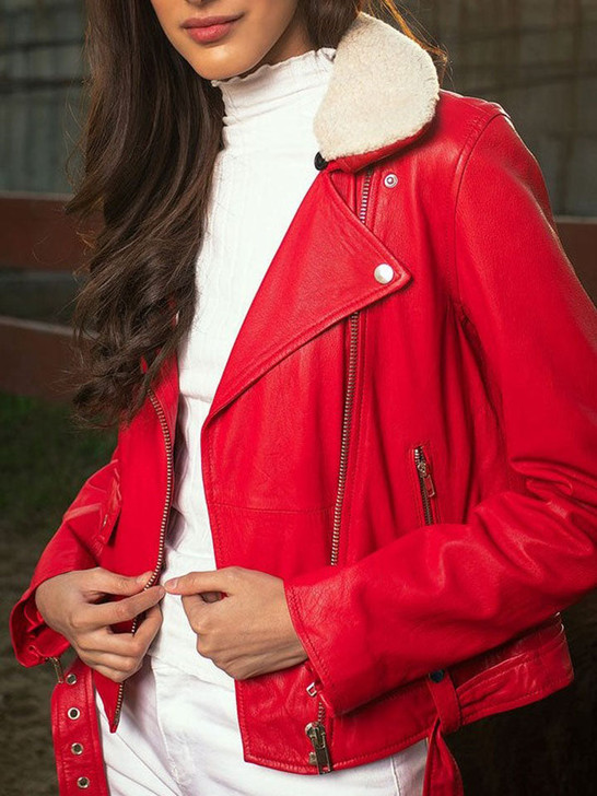 Fur Collar Red Women's Leather Jacket - Enfinity Apparel