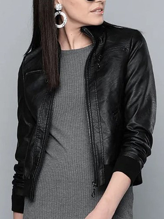 Black Solid Bomber Women's Leather Jacket - Enfinity Apparel